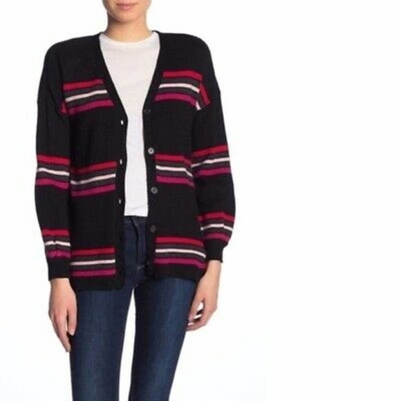 Democracy Black Stripe Girlfriend Cardigan Sweater M Medium - Picture 1 of 6